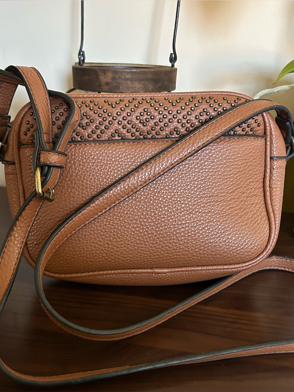 Pebbled Stud-Accent Crossbody Bag in Cognac Brown